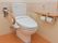 共用トイレには手すり、呼び出しボタンが備え付けられている。壁はタイル張りで、トイレットペーパーホルダーが2つ付いている。