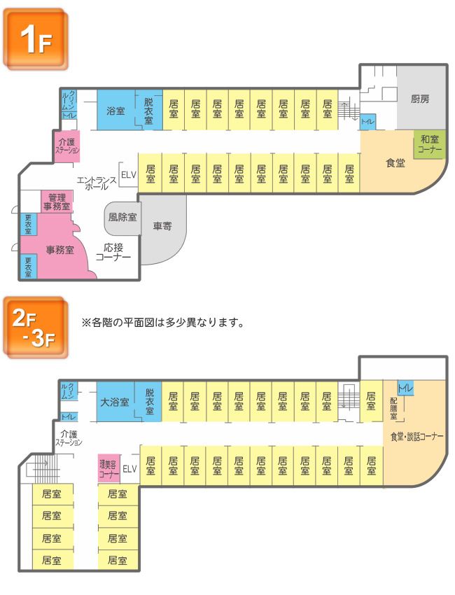 さわやかこすもす館の1～3Ｆのフロアマップ