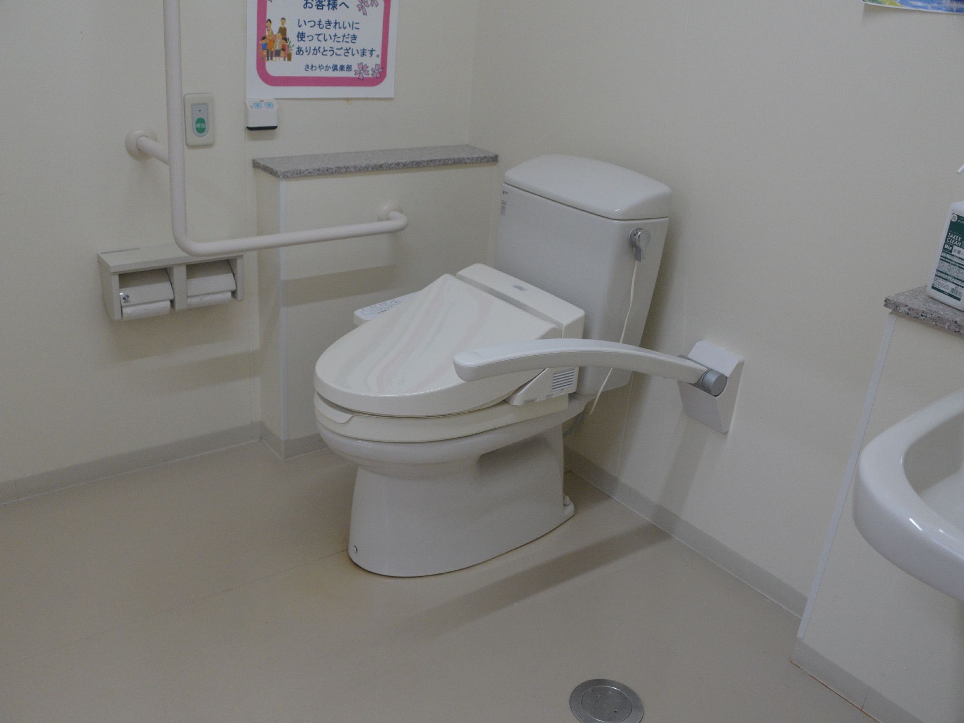 白で統一されたトイレ。壁と便器の脇に手すりがついている。トイレットペーパーホルダーの上には呼び出しボタンがある。