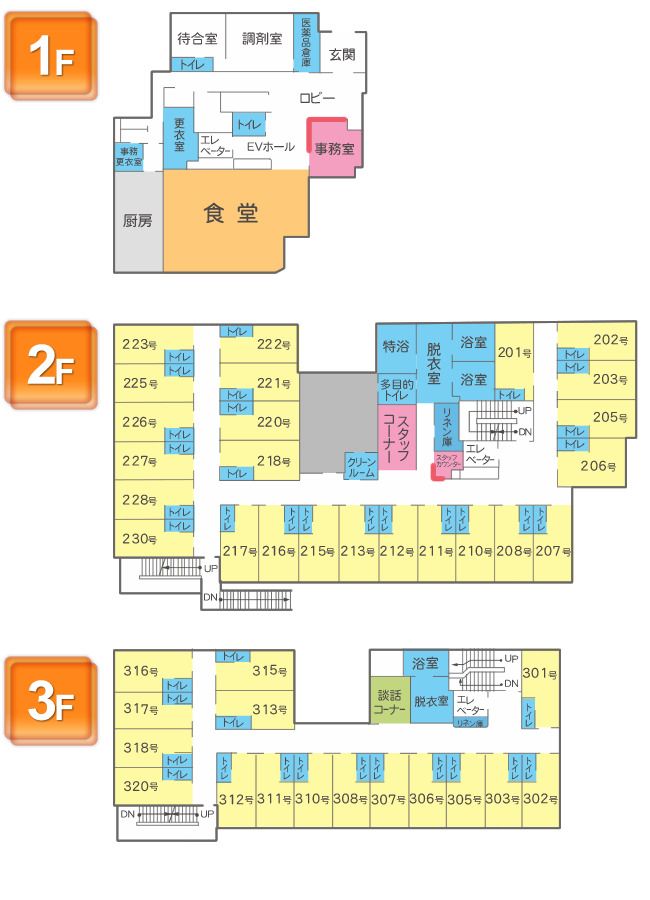さわやかめぐり館の1～3Ｆのフロアマップ