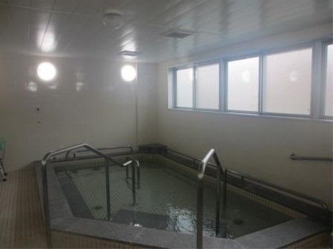 大浴場は広々としており、浴槽にはたくさんの手すりが設置されている。壁には、丸い照明が取りつけられている。