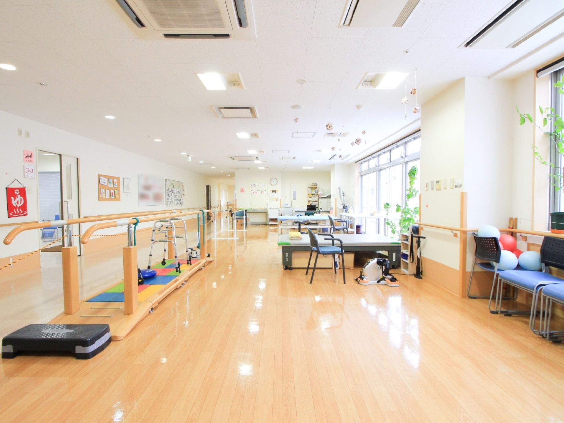 たくさんの照明が設置された部屋に観葉植物が飾られている。さまざまな種類の健康器具がゆとりをもって配置されている。