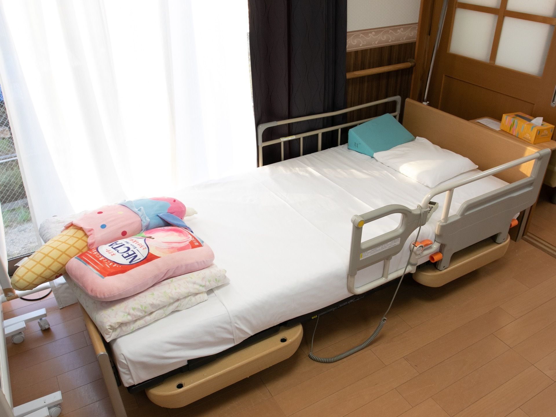 フローリングの居室に電動ベッドが１台置かれている。掃き出し窓にはレースと暗色のカラーカーテンが掛けてある。