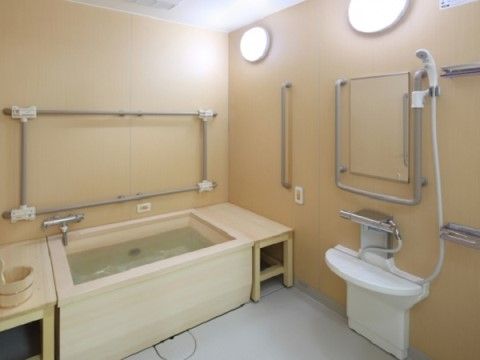 浴槽は檜。シャワー台や浴槽の壁には、いくつもの手すりが取り付けられている。照明もいくつかあって明るい。
