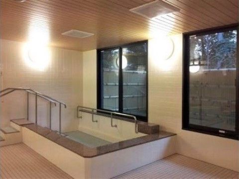 「ライブラリ初石」の浴室。低めの階段と介助手すりを設置しており、転倒防止にも貢献している。