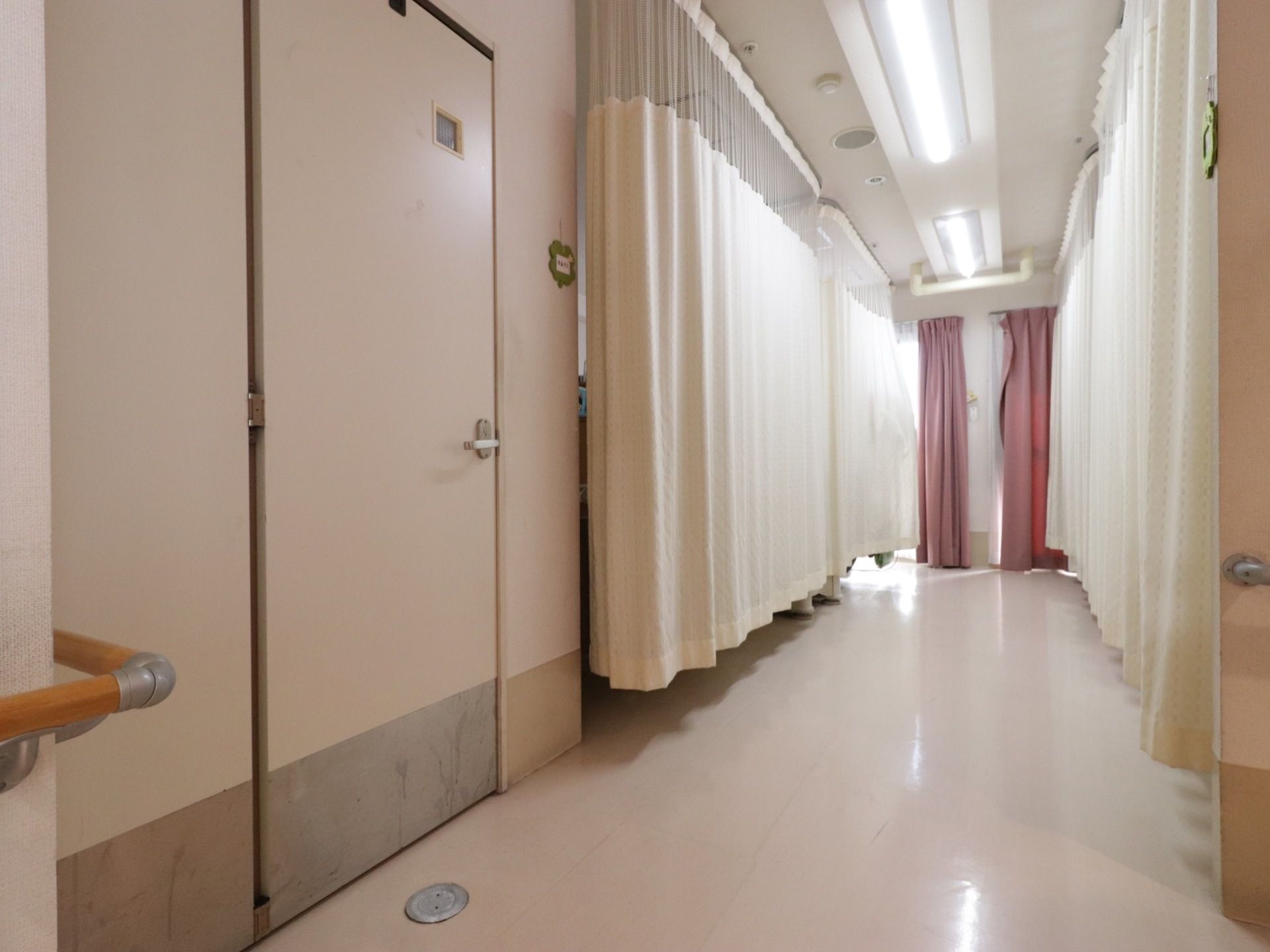 通路の左右には部屋の扉がある。扉の近くには手すりが取付けられている。カーテンで仕切られた場所がある。