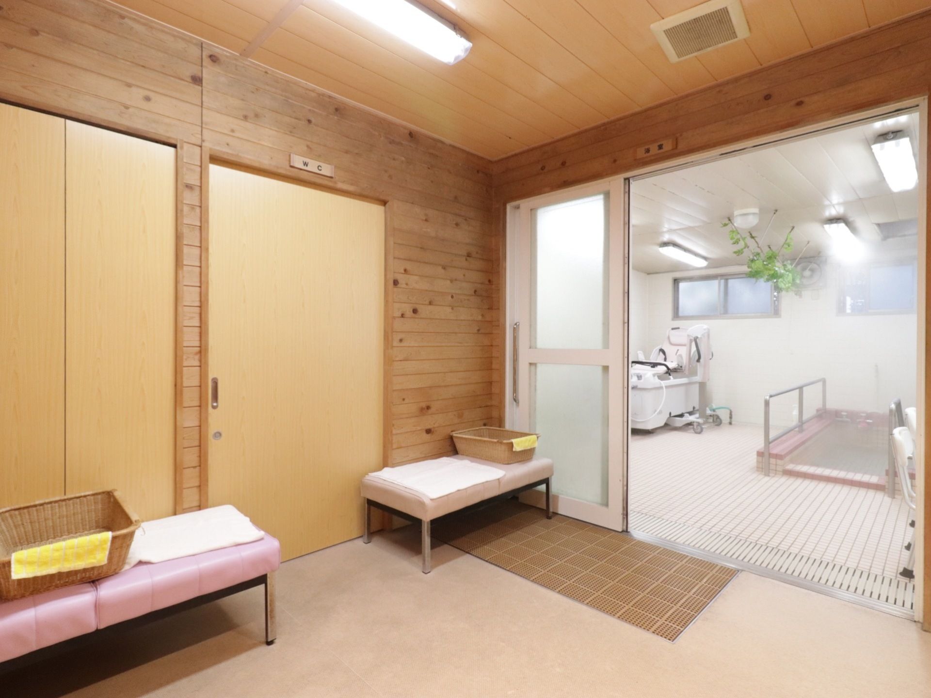 脱衣所にはカーペットが敷かれている。また浴室への入り口は段差がない。トイレが隣接している。ベンチがあり休憩することができる。