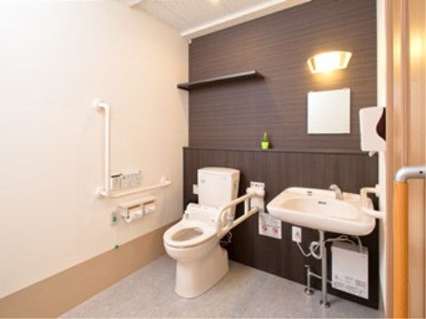 トイレの便座周辺には手すりが複数ついており、立ったり座ったりする際、支えとなり安心である。すぐそばに手洗い場もあり、便利である。