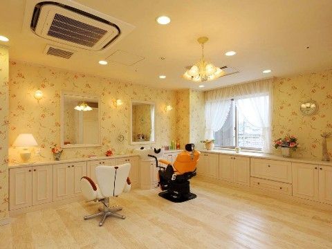 フローリングの床に花柄模様の壁紙の部屋がある。スタイリングチェアが2つ用意されている。チェアの前には鏡がそれぞれ設置されている。