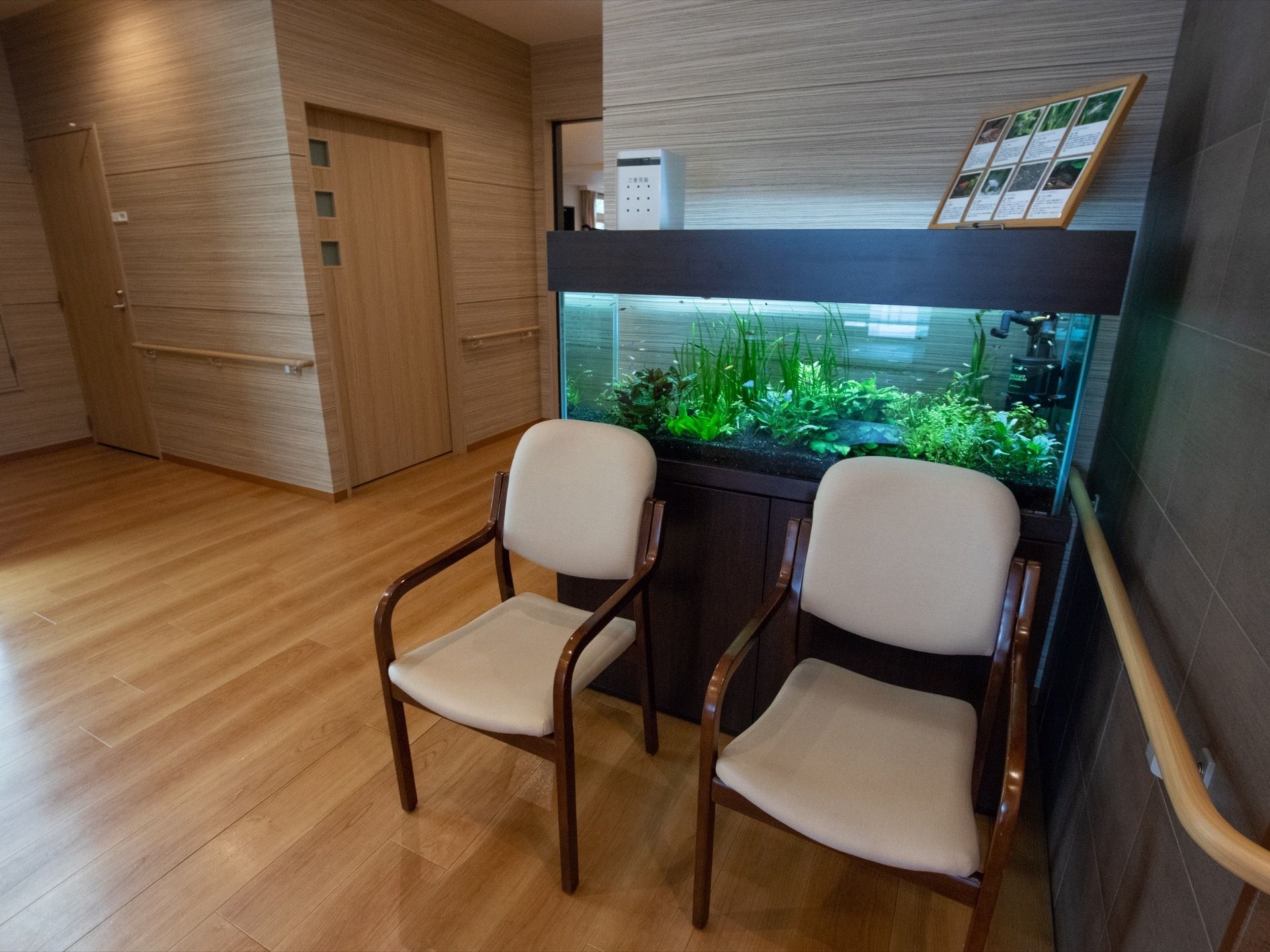 休憩スペースには熱帯魚が泳ぐ水槽が設置されており、入居者様は美しい魚を眺めながら癒しの空間を過ごすことができる。
