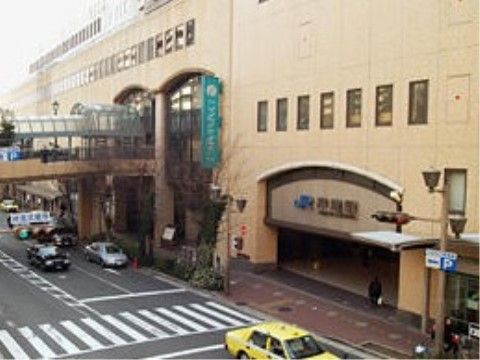 4車線道路を越える通路が設けられたベージュ色の鉄道の駅ビル