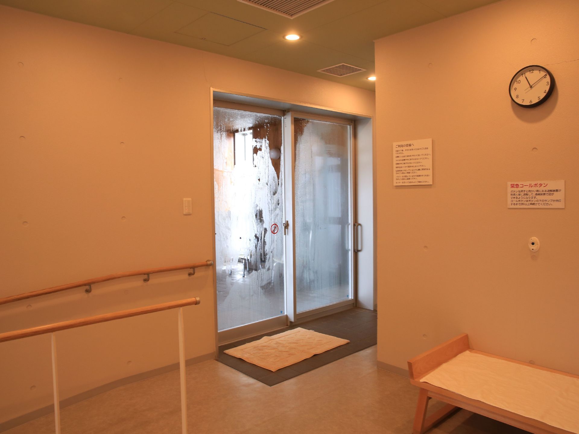 大浴用の脱衣所の入口にはスロープがついている。木製の手すりが取りつけられている。浴室への入口にマットが敷かれている。
