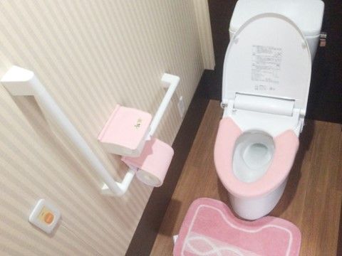 トイレの便座にはピンク色の便座カバーが取り付けられている。壁面に手すりが設置されており、スムーズな動作が可能。