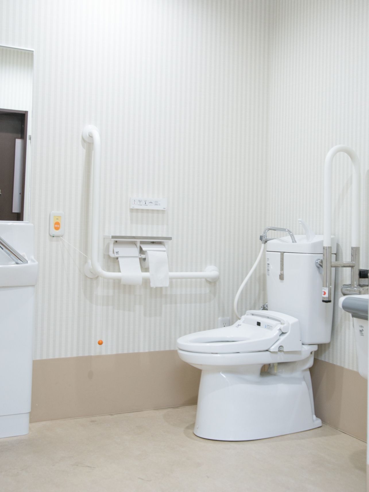 広い空間にトイレが設置されていて、手前には洗面台があるのが見える。手すりが２か所に取りつけられている。