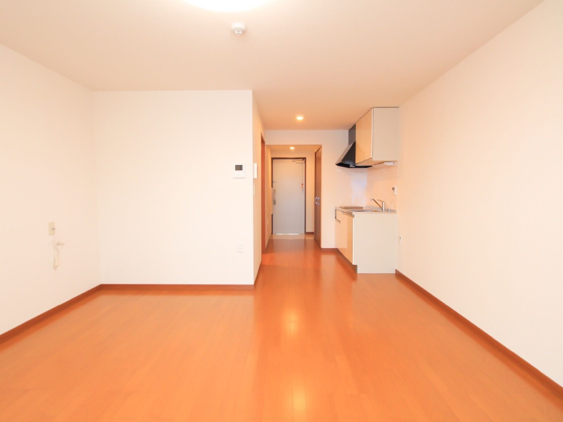 フローリング仕様の居室である。広く、開放感ある居住空間。自然光が差し込み、明るくあたたかい雰囲気である。