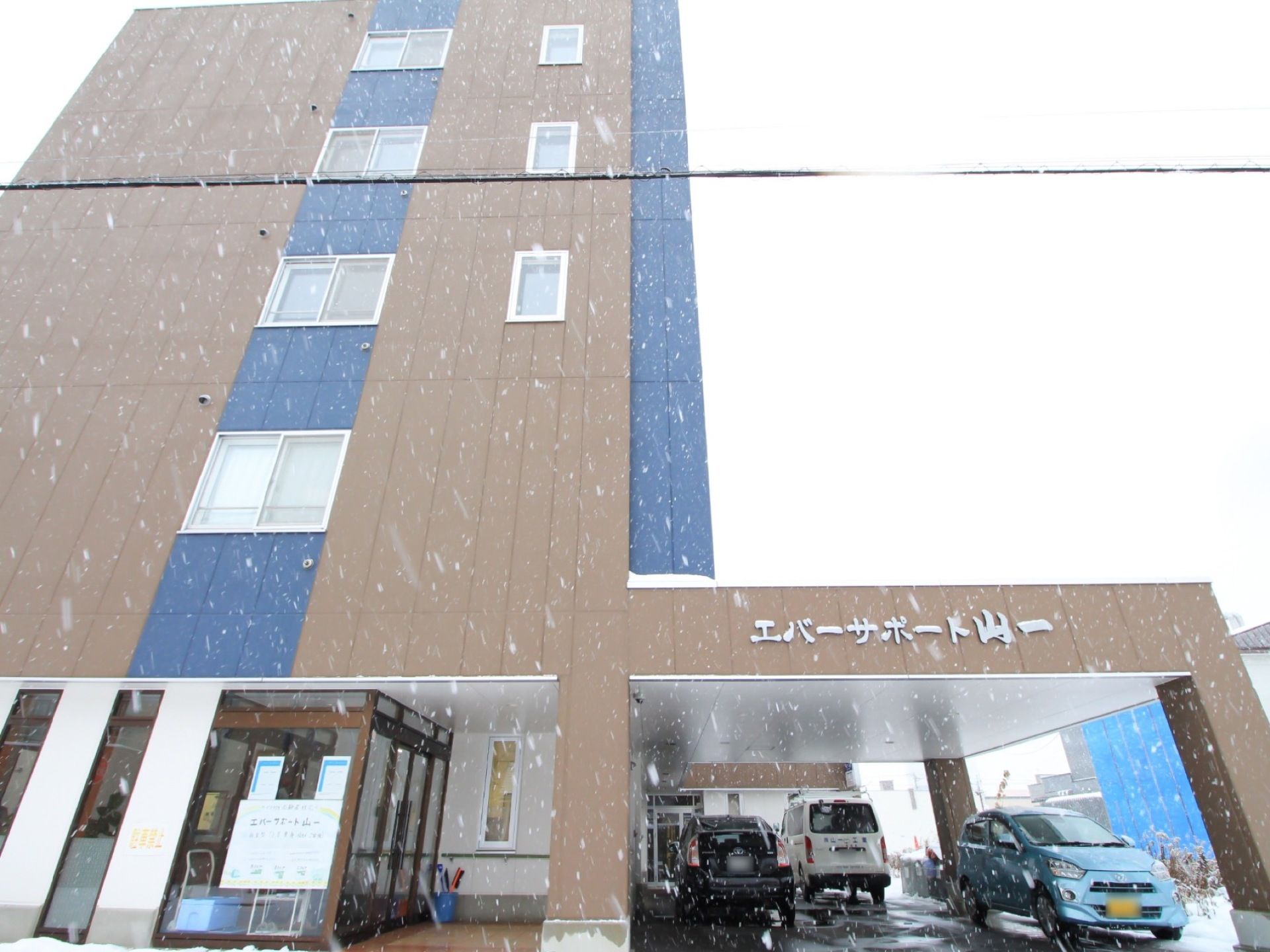 茶色の外壁で、５階建ての建物である。1階左側の玄関には風除室があり、右側には大きな車寄せがある。車が３台停められている。
