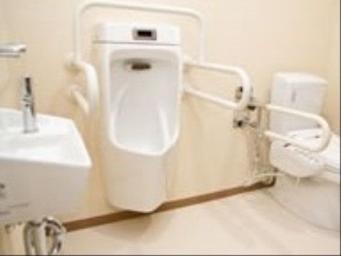 「うつくしの家 岡崎」の共用トイレ。トイレには介助手すりを左右に設置しており、安心して握れる。