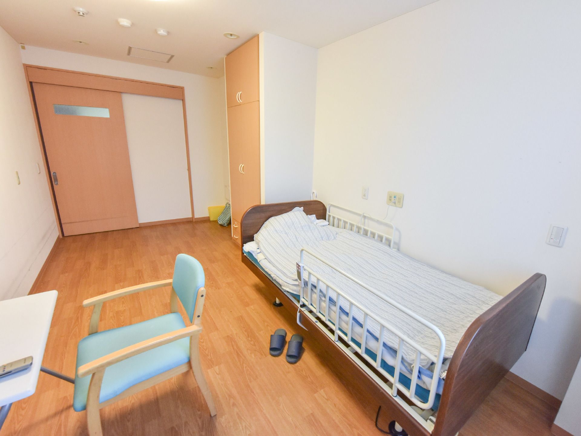 扉はスライド式である。段差のないフラットな床なので安全となっている。ベッドには手すりが設置されている。