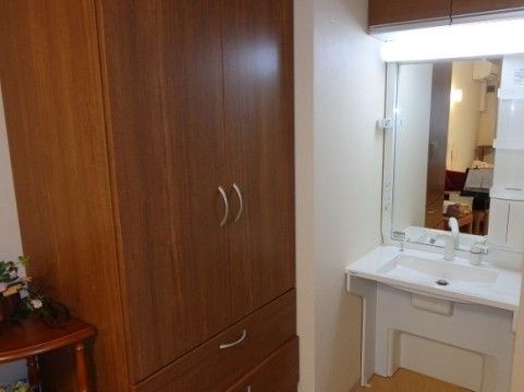 「グレイス寝屋川」の洗面台・収納スペース。化粧品や歯ブラシを洗面台に収容するスペースを確保している。