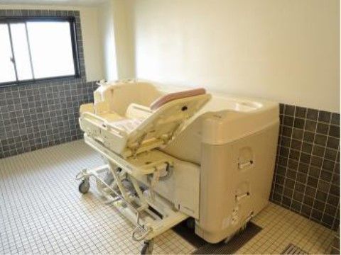 寝たままの姿勢で入浴できるストレッチャー付きの浴槽が、壁沿いに置かれている。窓が付いた明るい介護用浴室である。