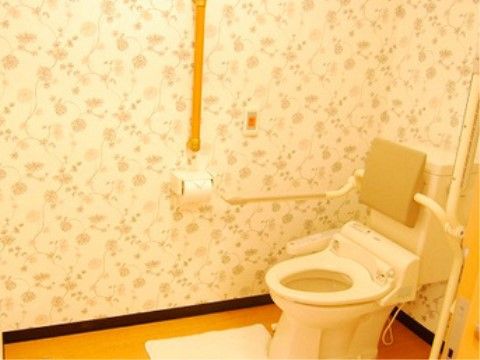 車椅子のままでも入ることができる広いスペースのトイレ。呼び出し用のコールボタンや手すりも設置されており安心して利用できる。