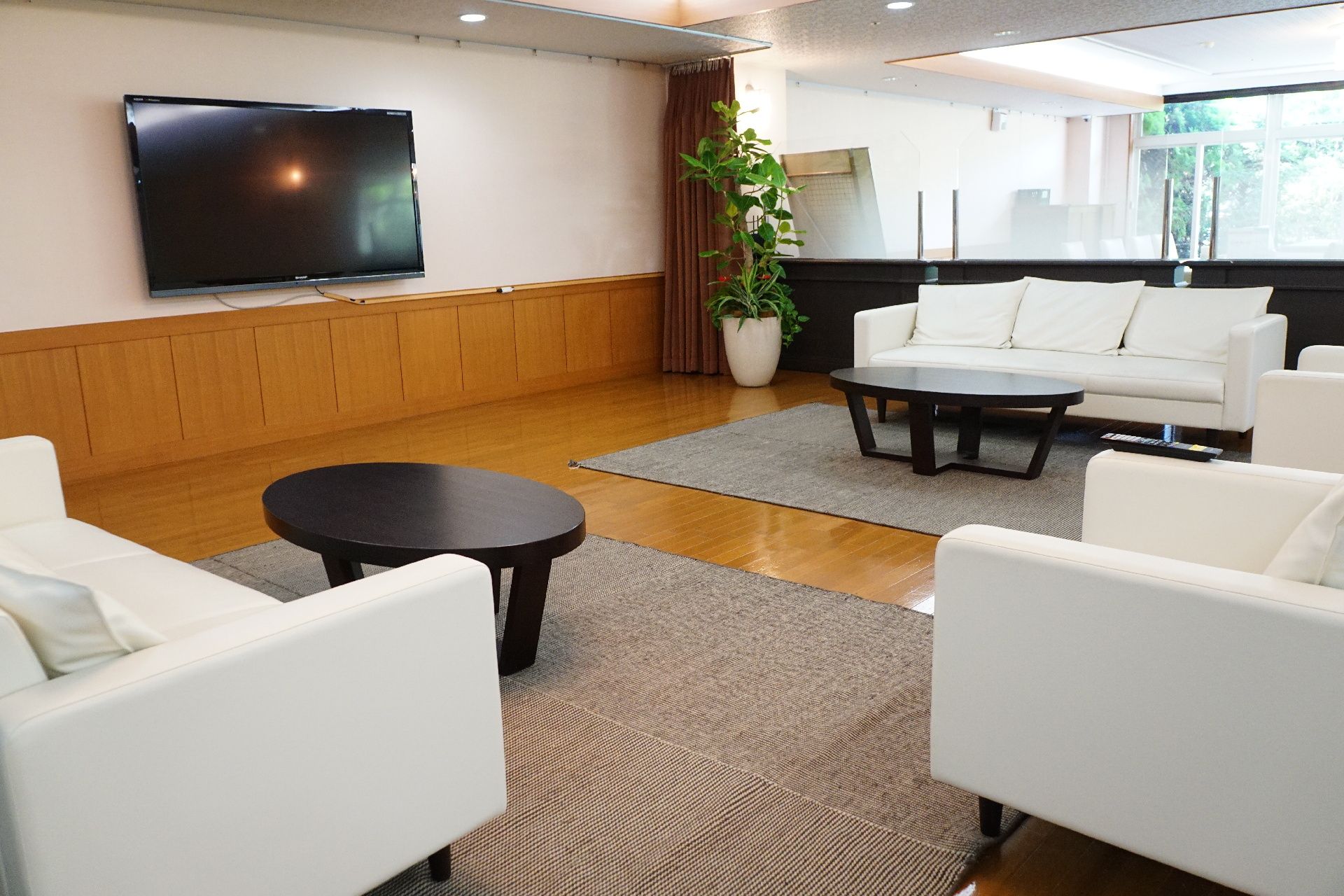 テレビが設置され、高級な椅子が設置されている共有スペース