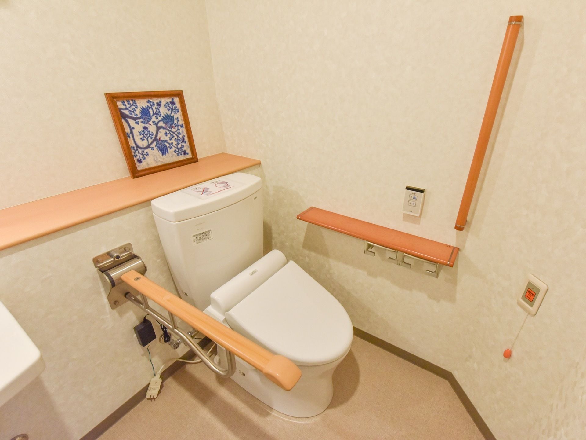 白と木目を基調とし、清潔感がある。壁には手すり、便器脇には片方にひじ掛けがある。ペーパーホルダーは２連タイプ。