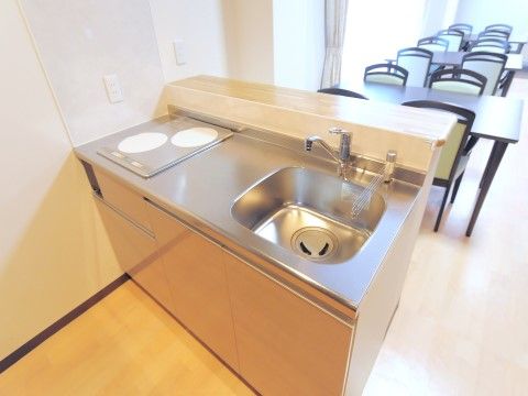 使い勝手の良いキッチン。コンロは電気製の物なので火事などの心配もない。ステンレスとウッド調のデザインである。