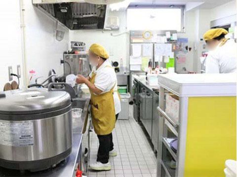 スタッフが料理をしたり食器を洗ったりする施設の厨房