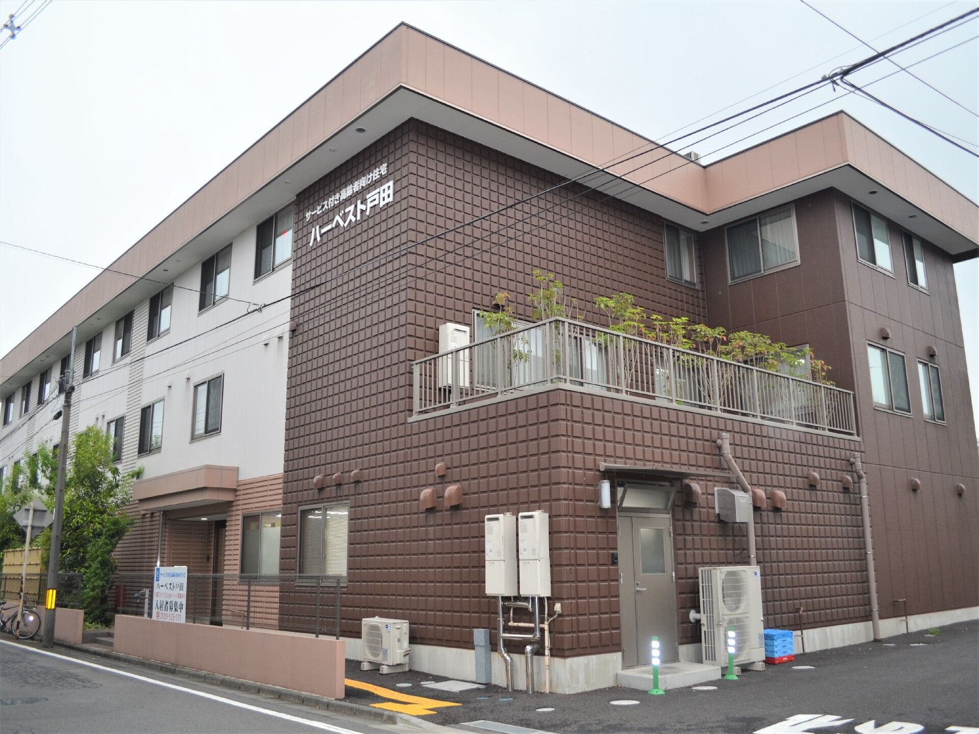 茶色と白の建物。バルコニーには植物が見える。