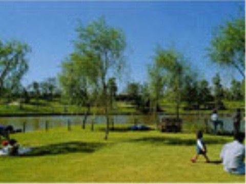 芝と樹木が植えられた公園。池の周囲には柵が張り巡らされている。施設の近隣にあり、徒歩でのんびりお出かけしていただける場所である。