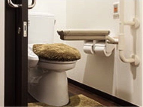 洋式のトイレで、トイレマットが敷かれ蓋カバーが掛けられている。壁には手すりや可動式の肘掛け、緊急時呼び出しブザーが備わっている。