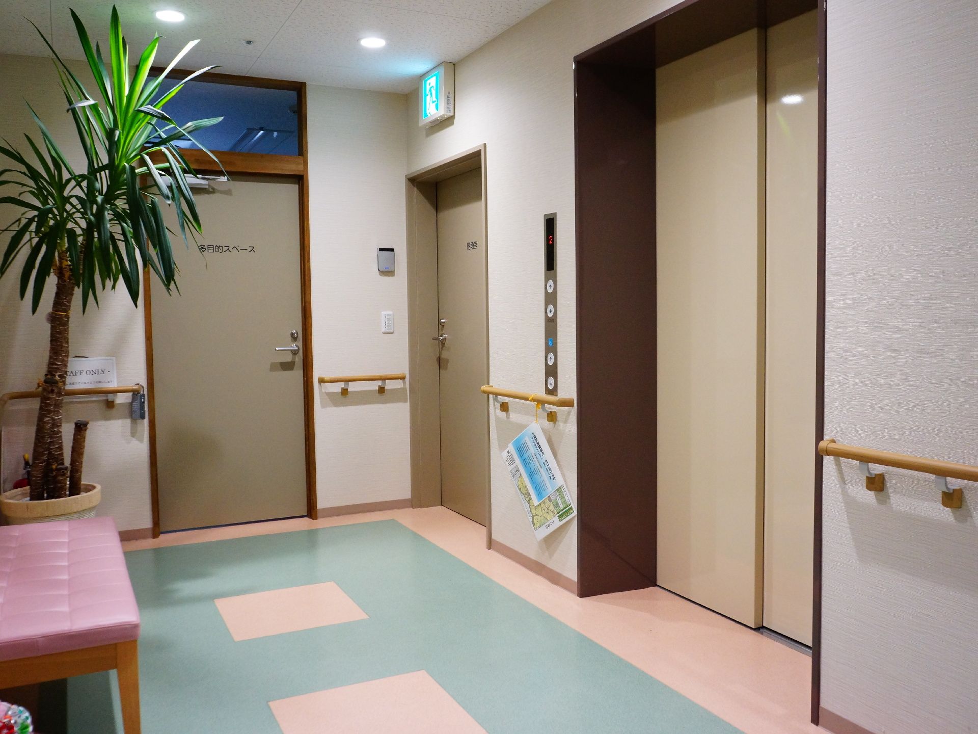 エレベーターの周りには手すりがある他、待っている間に座れるイスも用意されている。その側には観葉植物も見られる。