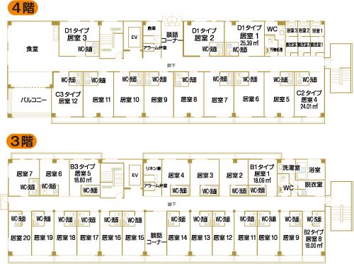 陽だまりの庄松阪の3～4階のフロアマップ