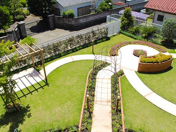 全面に芝生が敷き詰められ、色鮮やかな花々が咲く庭園