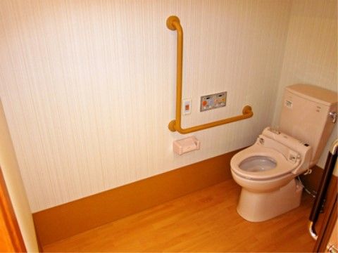 広々とした木目のフローリングの床にタンク付きの洋式便器が設置されている。壁に手すりと非常ボタンとペーパーホルダーが取り付けられている。
