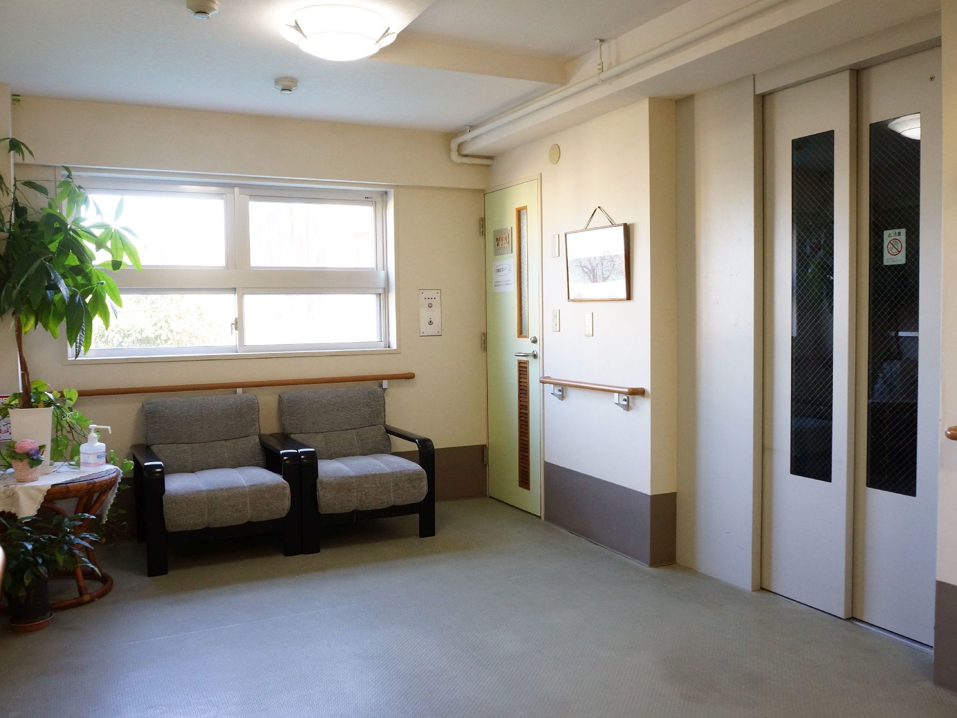 広々としたエレベーターホールである。窓際には、観葉植物や1人掛けソファが２脚置かれている。手すりが壁に設置されている。