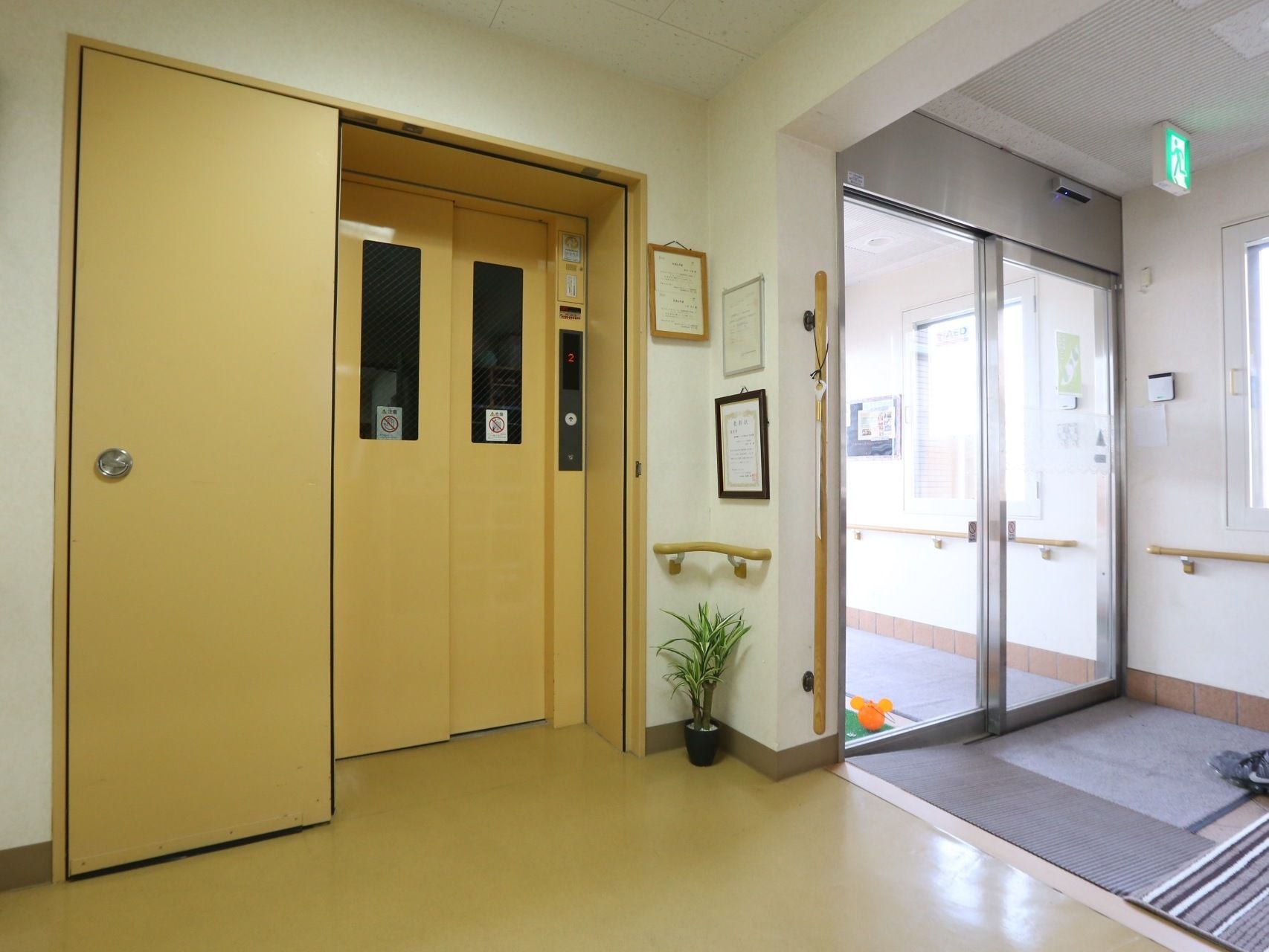 自動ドアの横にエレベーターが設置されている。そばの壁際には手すりが設けられており、その下には観葉植物が置かれている。