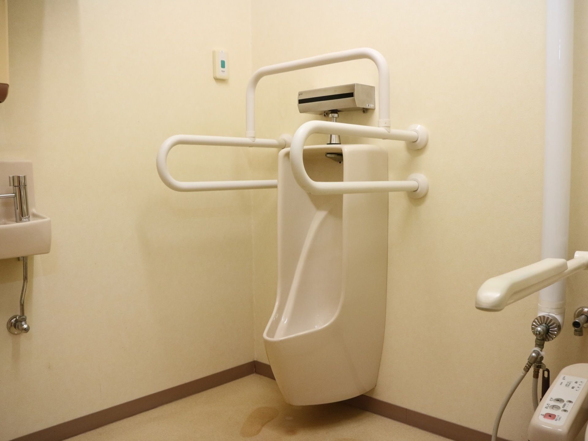 トイレの中は広く、男性用の便器がある。周りには白い手すりが設置されている。後方には小さな洗面台もある。