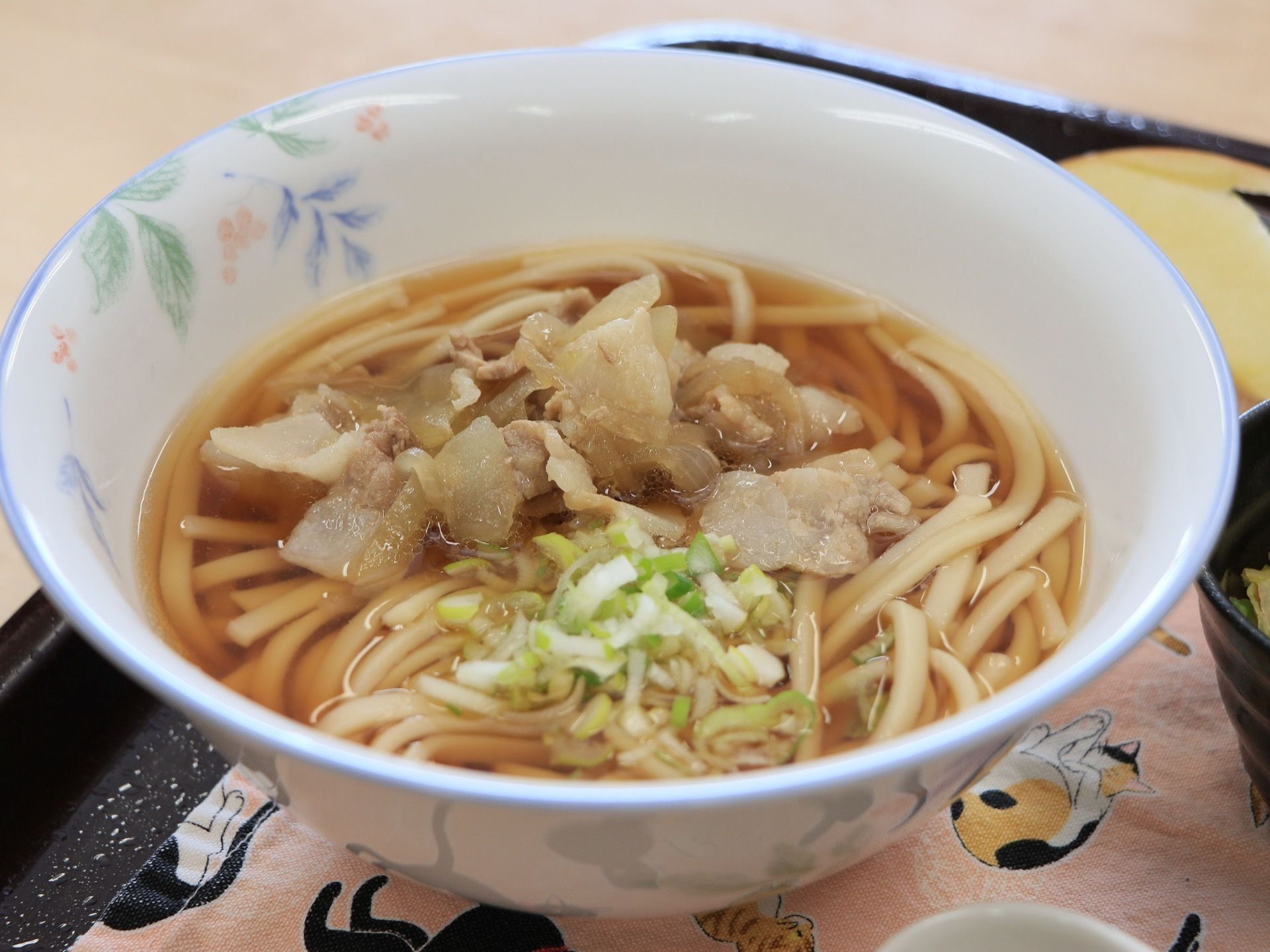 花柄の器の中に、細めのうどんが入っている。うどんの上には、お肉と葱が添えられていて、食べやすい小さなサイズになっている。