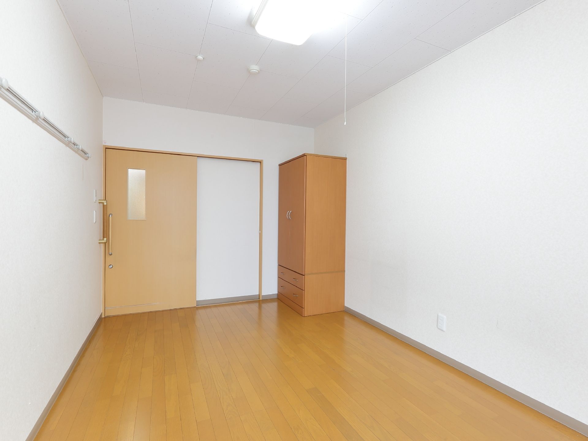 広々とした居室には、背の高いタンスが置かれている。壁にはピクチャーレールがあり、手すりが取り付けられている。