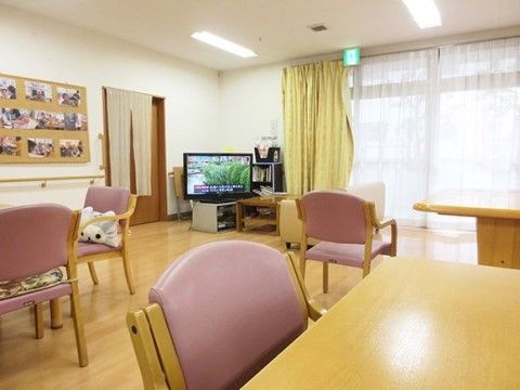 リビングには、天井近くから床まである窓がある。テレビの隣のドアには暖簾が掛けてあり、開け閉めした時に中が見えにくい構造である。