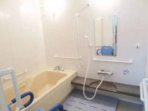 シャワーの前には、青い椅子が置かれておりマットが敷いてある。鏡前と浴槽の壁に、横向きの手すりを取り付けている。