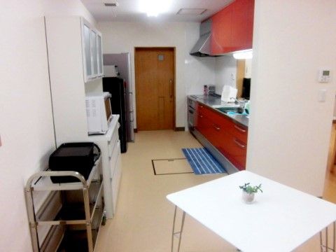 キッチンは白い壁とベージュの床の細長い空間で、右手に壁付けのシステムキッチンがある。反対側には食器棚や冷蔵庫、電子レンジなどが置かれている。