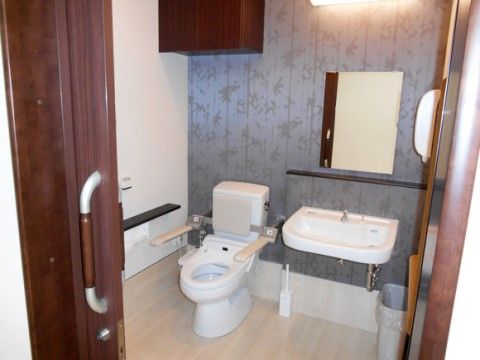 トイレには両サイドに手すりがついた便座と、その横には手洗い器と鏡が設置されている。壁の色は便座の横が白で、背面はグレーの模様入りである。