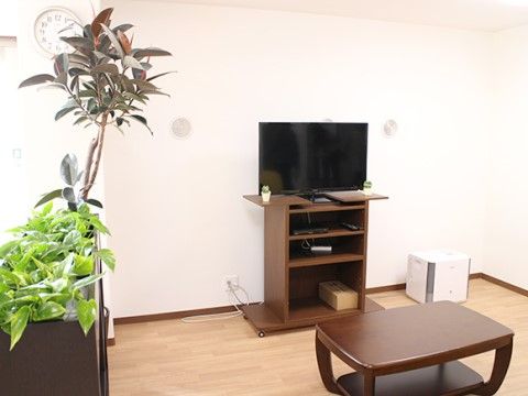 リビングの壁は白色で、床は薄い茶色である。テレビやテレビ台、木製テーブル、観葉植物も置かれており、手頃な広さの落ち着ける空間になっている。
