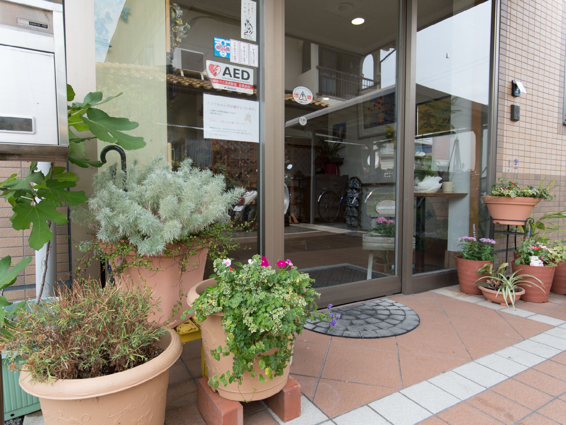 施設の入口は、レンガ造りになっている。自動ドアになっている入口周りには、植物や花が植えられた植木鉢が置かれている。