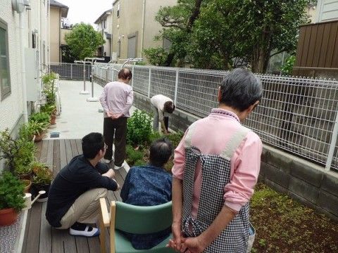 「愛の家グループホーム 宮前宮崎」菜園スペース。施設内にある家庭菜園で、野菜等の植物栽培に取り組まれています。