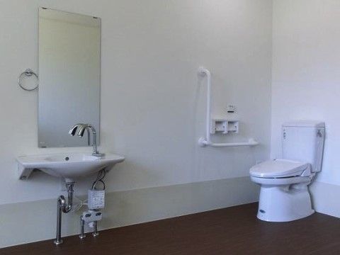 車椅子をご利用の方もお使いいただける広々としたトイレである。洗面台が備わっており、L型手すりや鏡、タオル掛けが壁に取り付けられている。