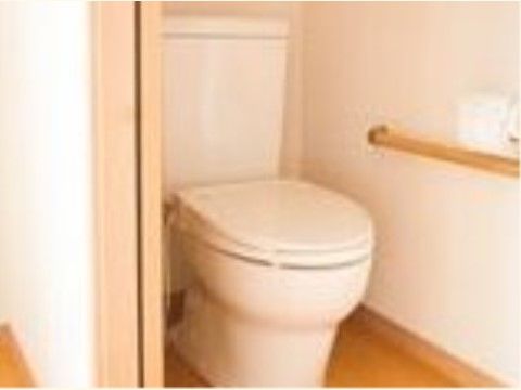 居室内に設けられている広いスペースがあるトイレ。入り口の間口を広くとっている。壁には手すりが取り付けられている。